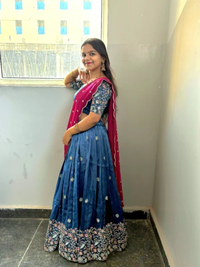 Embroidered Magenta Silk Half Saree with Voni